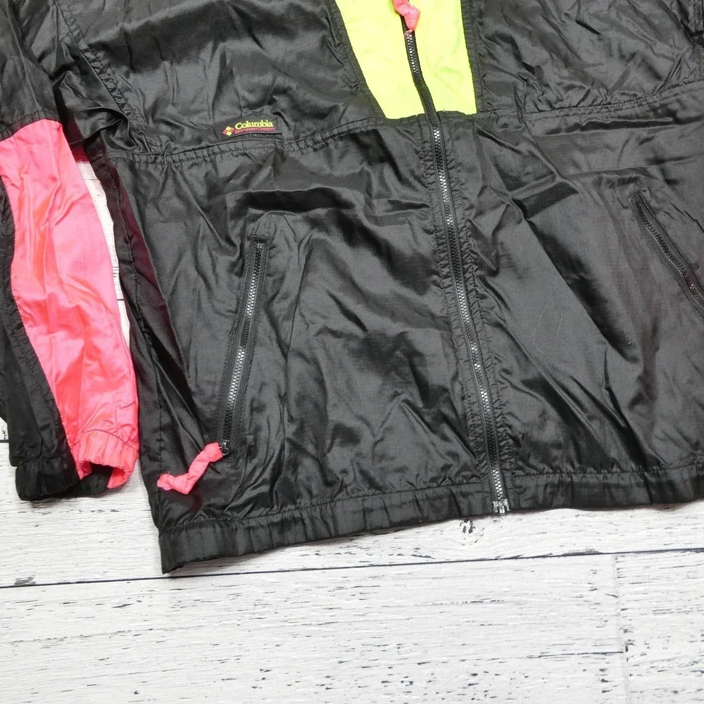 Vintage Columbia Jacket Womens Large Black Neon Nylon Windbreaker Colorblock 90s